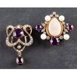 Two amethyst brooches, including an Art Nouveau seed pearl brooch/ pendant, stamped '9CT',