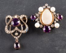 Two amethyst brooches, including an Art Nouveau seed pearl brooch/ pendant, stamped '9CT',