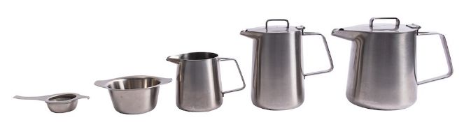 WITHDRAWN A stainless steel Oriana pattern five piece tea set, by Robert Welch for Old Hall,