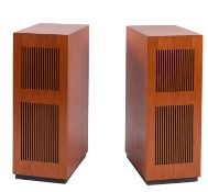 A pair of rectangular teak music speaker