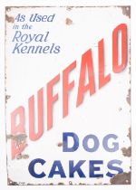 A enamel advertising sign 'Buffalo Dog Cakes', blue and red text on a white reserve, 66 x 46cm.
