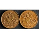 Two Edwardian Sovereigns dated 1907 and 1908.