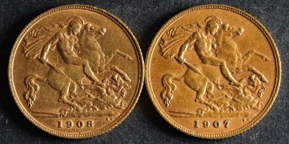 Two Edwardian Sovereigns dated 1907 and 1908.