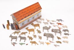 An early 20th century hand painted Noah's Ark, with pitched roof,