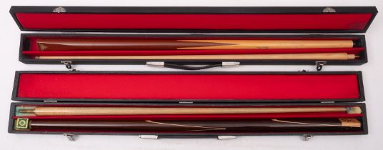 A pair of 20th Century two piece snooker cues one by Riley the other by Lindop Silver Star, cased,