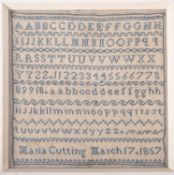 A Victorian needlework sampler worked by 'Maria Cutting, March 17.