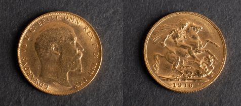 An Edward VII gold Sovereign coin, dated 1910 diameter ca. 22mms, total weight ca. 8gms.