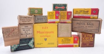 A group of vintage cartridge boxes including Ely, Kynoch and others.