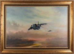 Dion Pears (1929-1985) 'Hawker Harrier Over Falkland Sound, 1982' oil on canvas, signed lower left,