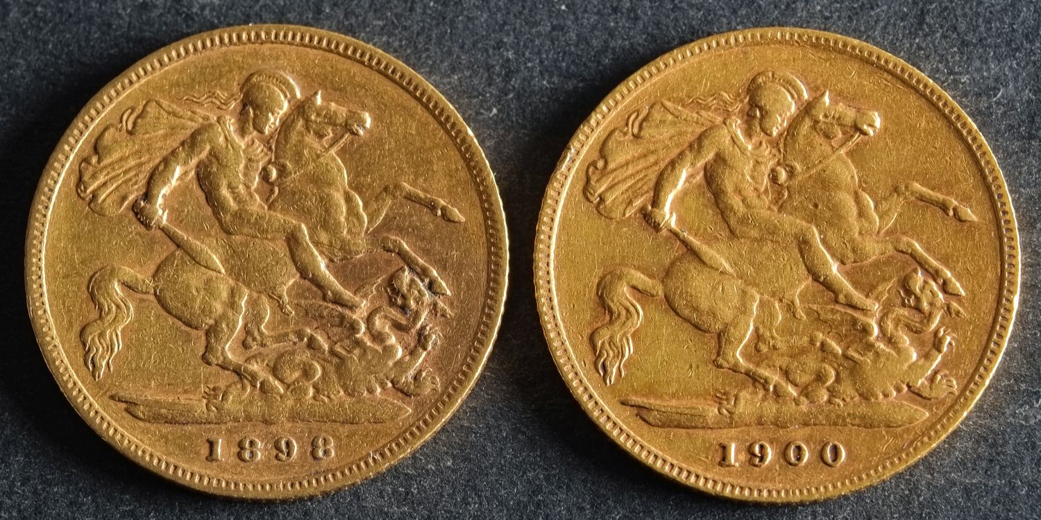 Two Victorian half sovereigns dated 1898 and 1900.
