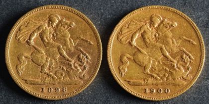 Two Victorian half sovereigns dated 1898 and 1900.