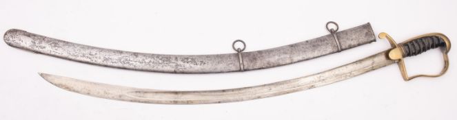 A Georgian Light Company Officer's sword the curved single edge bade with remains of engraved