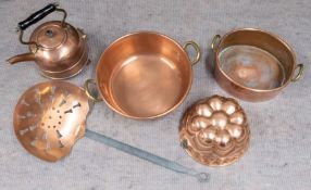 A group of five copper kitchenware items including an early electric kettle.
