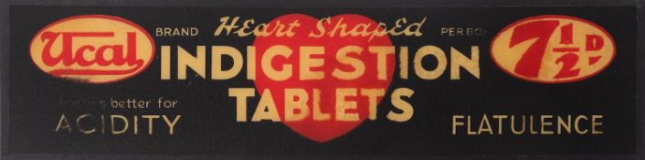 A Ucal 'Heart Shaped Indigestion Tablets' glass advertising sign 14 x 54cm