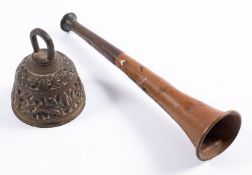 A copper and brass hunting horn, maker Kohler & Son, London, 23cm long (dented),