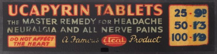 A Ucal 'Ucapyrin Tablets' glass advertising sign 14 x 54cm