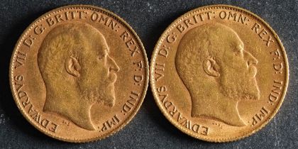 Two Edwardian half sovereign coins, dated 1908 and 1909.