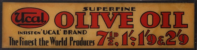 A Ucal 'Superfine Olive Oil' glass advertising sign 14 x 54cm