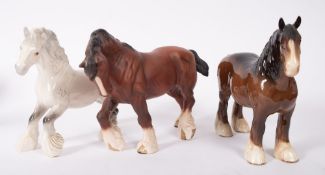 Three Beswick Shire horses, two in gloss and one in matte glaze,