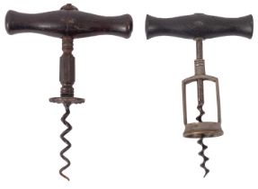 A 19th century direct pull corkscrew, turned wooden handle with suspension ring,