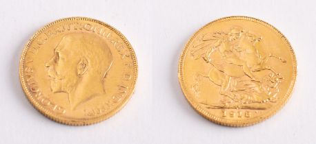 A George V sovereign gold coin, dated 1918, diameter ca. 21.9mms, total weight ca. 7.9gms.