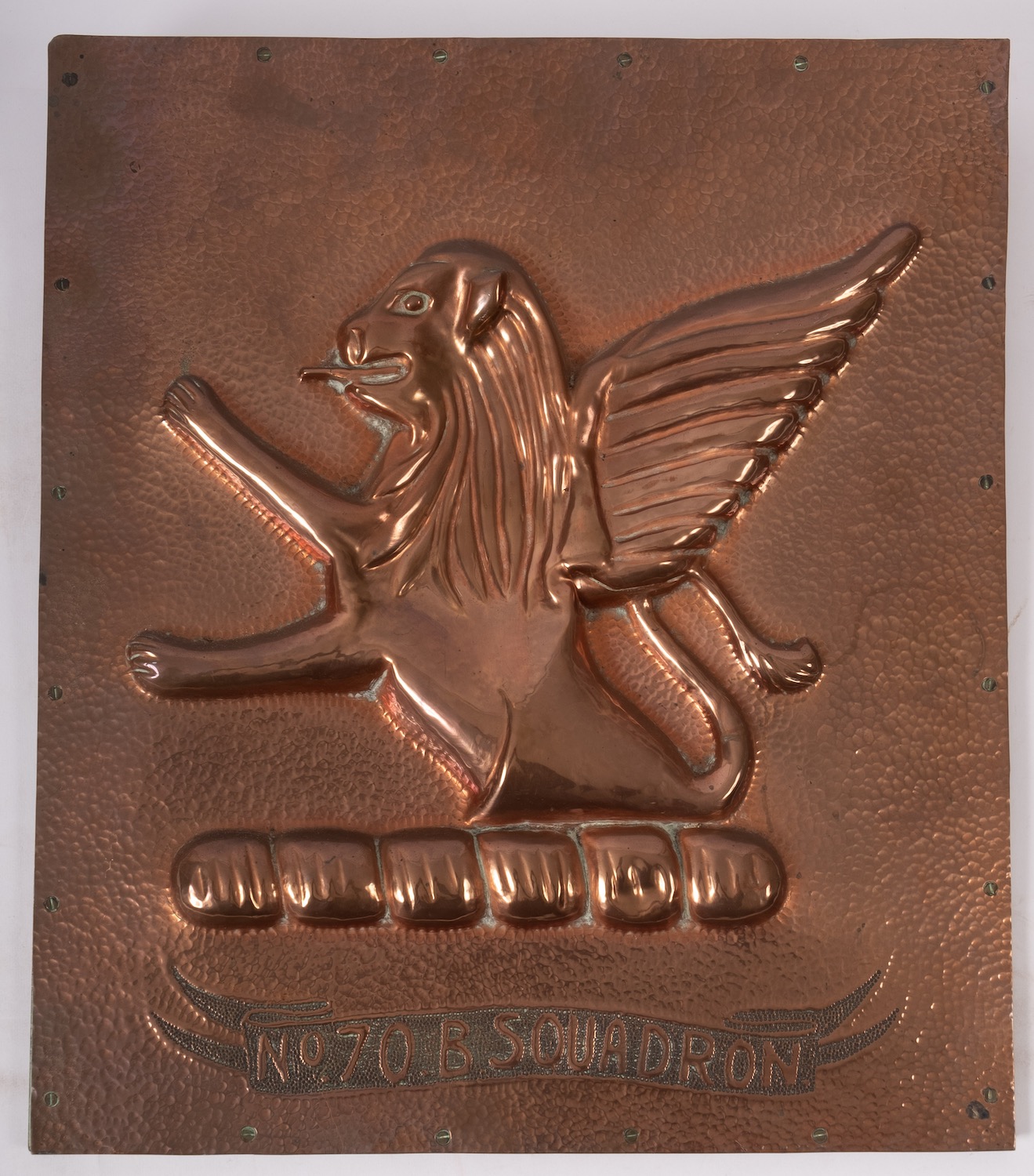 An unofficial scratch built copper RAF Regimental crest for 'No 70B Squadron', 46 x 40cm.