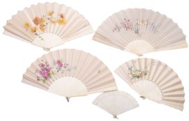 A group of four early 20th century bone and silk fans, each with hand painted floral decoration ,