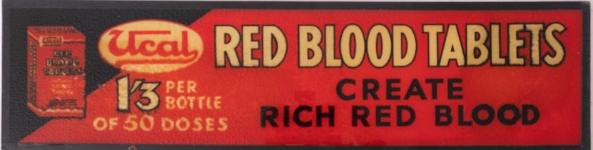 A Ucal 'Red Blood Tablets' glass advertising sign 14 x 54cm