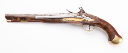 An early 19th century flintlock pistol, the plain 12 inch barrel with proof marks to chamber,