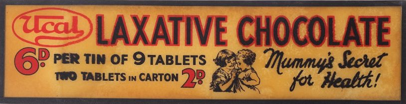 A Ucal 'Laxative Chocolate' glass advertising sign 14 x 54cm