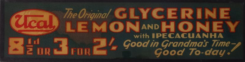 A Ucal 'The Original Glycerine Lemon and Honey' glass advertising sign 14 x 54cm.