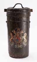 A WWI leather shot charge bucket, with transfer armorial to front, 41cm high.