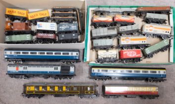 Hornby and other OO/HO gauge. A group of unboxed passenger coaches and rolling stock.