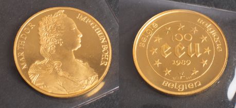 A 'Maria Theresia' 100 ECU Belgian gold coin, dated 1989, diameter ca. 3.