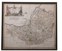SOMERSETSHIRE: hand coloured map by Robert Morden, 420 x 360, in Hogarth frame.