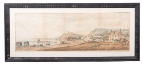SIDMOUTH- Very large Hand-coloured Aquatint of the Beach at Sidmouth with Bathing Huts,