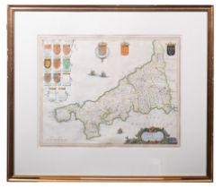 CORNWALL- Curnbura Cive Cornwallie: hand coloured map by Jan Blaeu, 485 x 360 mm, f & g.