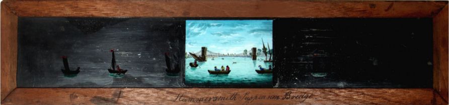 'Hammersmith Suspension Bridge' [succession of boats pass across image] Maker unknown (17 x 4 x 3/