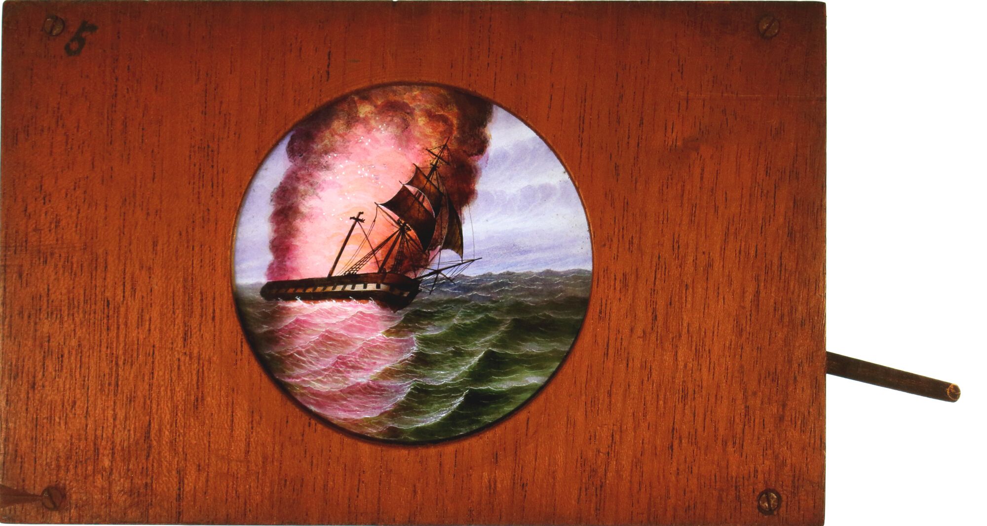 'Ship in storm' [ship rolls in waves] Maker unknown (7 x 4 3/8 x 5/8 inches), single lever Slide 5,' - Image 3 of 6