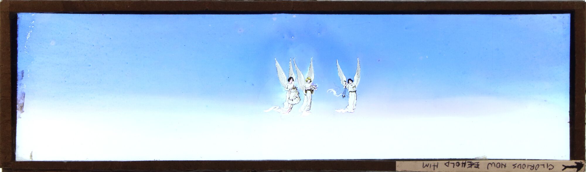 'Three angels' Maker unknown (27.5 x 8.3 x 0.3cm) together with a mechanical carrier for long slides