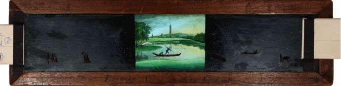'Evening Scene in Kew Gardens' [succession of figures and boats pass across landscape] Maker unknown