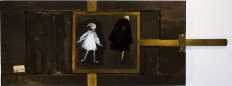 'Skeleton with and without nightshirt and cap' Maker unknown;(9¾ x 4½ x ½ inches) single slip slide.