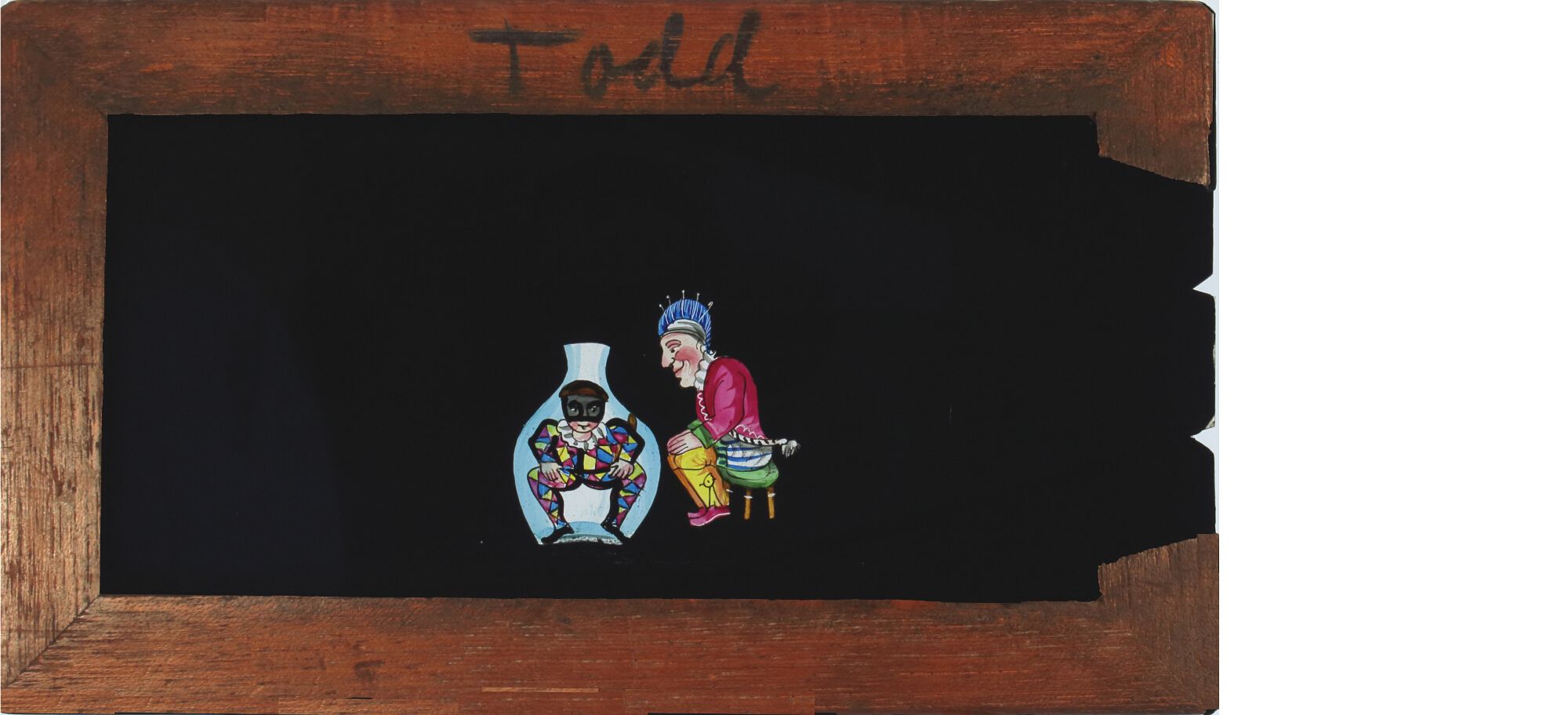 'Harlequin jumps out of bottle' Maker unknown (6 3/4 x 4 x 3/8 inches), single slip