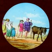 'The Old Man and the Ass' Set of six slides. Single hand-painted glass slides, mounted in wooden