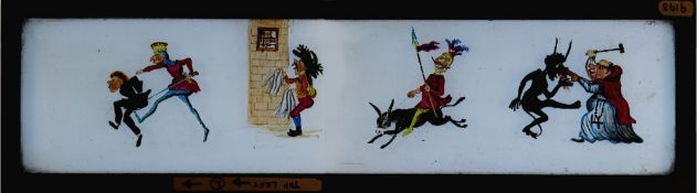 Six comic panoramic long slides, comprising 'Comic figures' Maker unknown (16 5/8 x 4 5/8 x 3/8
