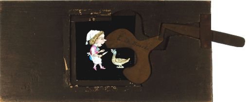 'Cook attacked by goose' (25 x 12 x 1cm), signed 'Desch 1866'