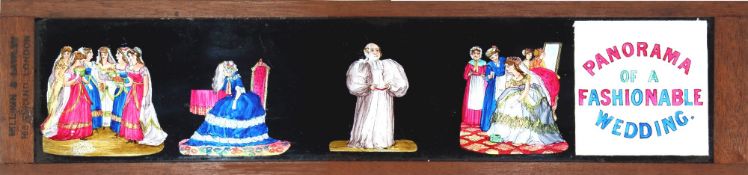 'Panorama of a Fashionable Wedding' Set of three long slides. Hand-painted glass slides in long