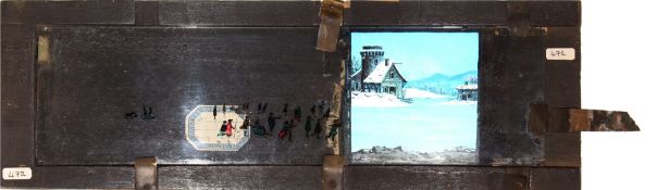 'People skating on frozen pond' Maker unknown (14 x 4 5/8 x 1/2 inches), long single panoramic slip