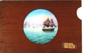 'Sailing ship leaving Dover' [ship slides across left to right] Maker unknown (7 x 4 1/2 x 1/2