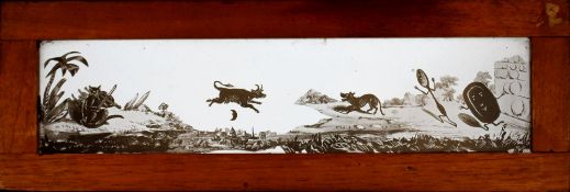 A group of four long slides. Single hand-painted long slides with panoramic or sequential images,